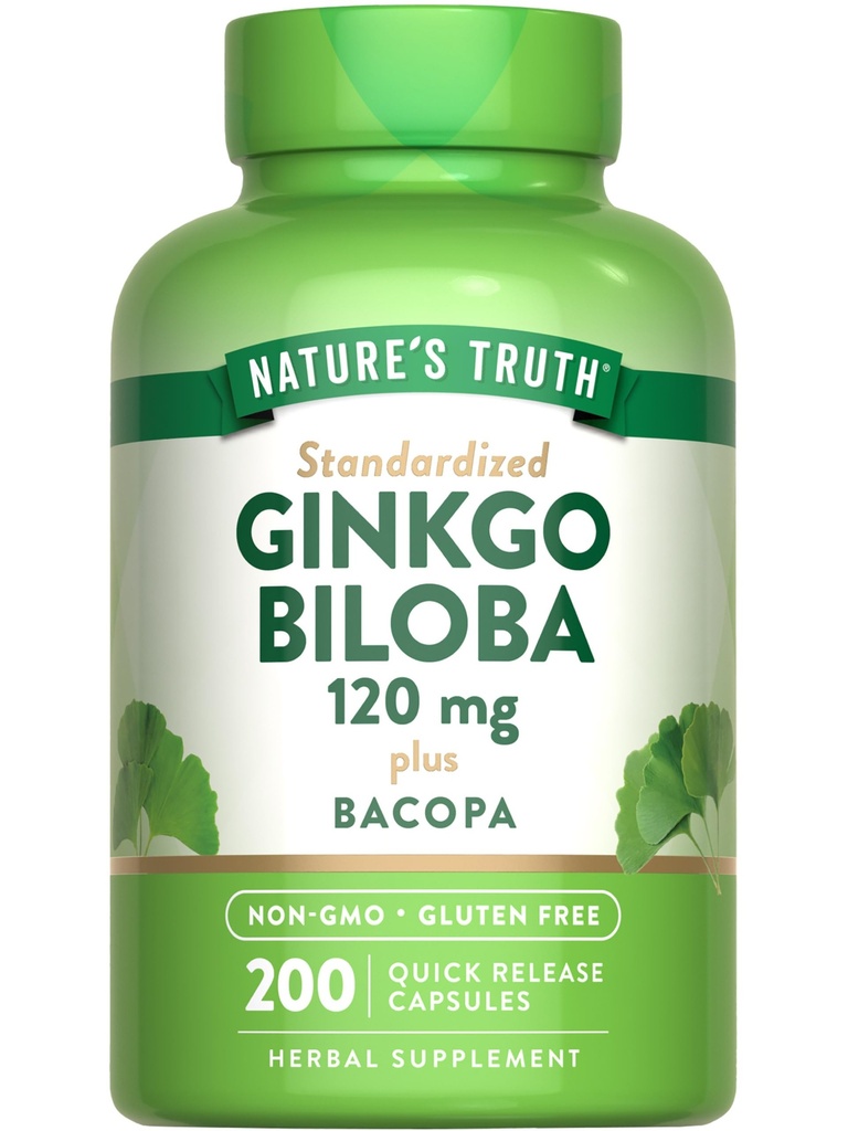 La verità della natura Ginkgo Biloba 120mg | Plus Bacopa | 200 capsule di rilascio rapido | Estratto standardizzato | Non OGM e Gluten Supplemento gratuito