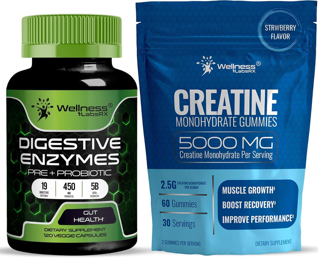 WELLNESS LABSRX Digestive Enzymes Capsule 5 miliardi di CFU - Creatina Gummies 5000mg