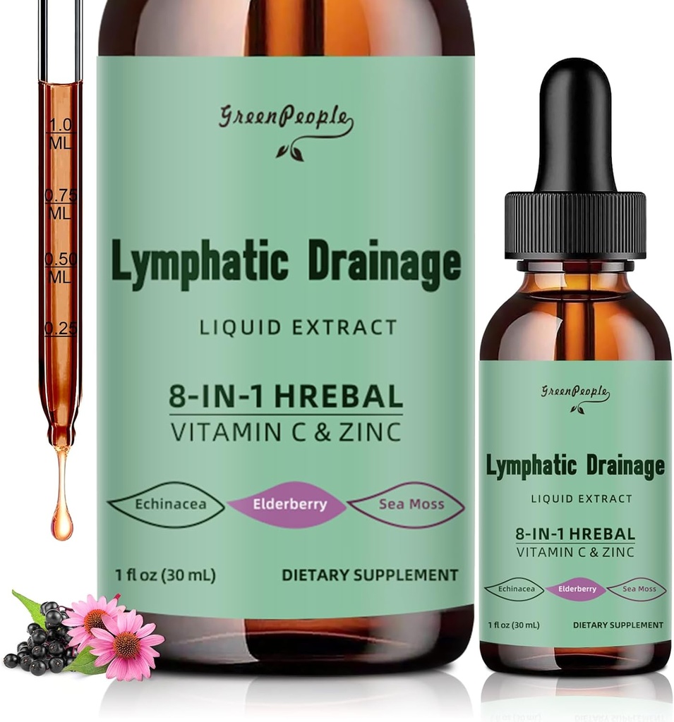 Gocce di drenaggio linfatico GREENPEOPLE - 10-in-1 supplemento di pulizia linfatica w/echinacea, radice di Cleavers & Burdock - supporto immunitario, pulizia e disintossicazione - assorbimento avanzato, non OGM (1 fl oz, 2 Pack)