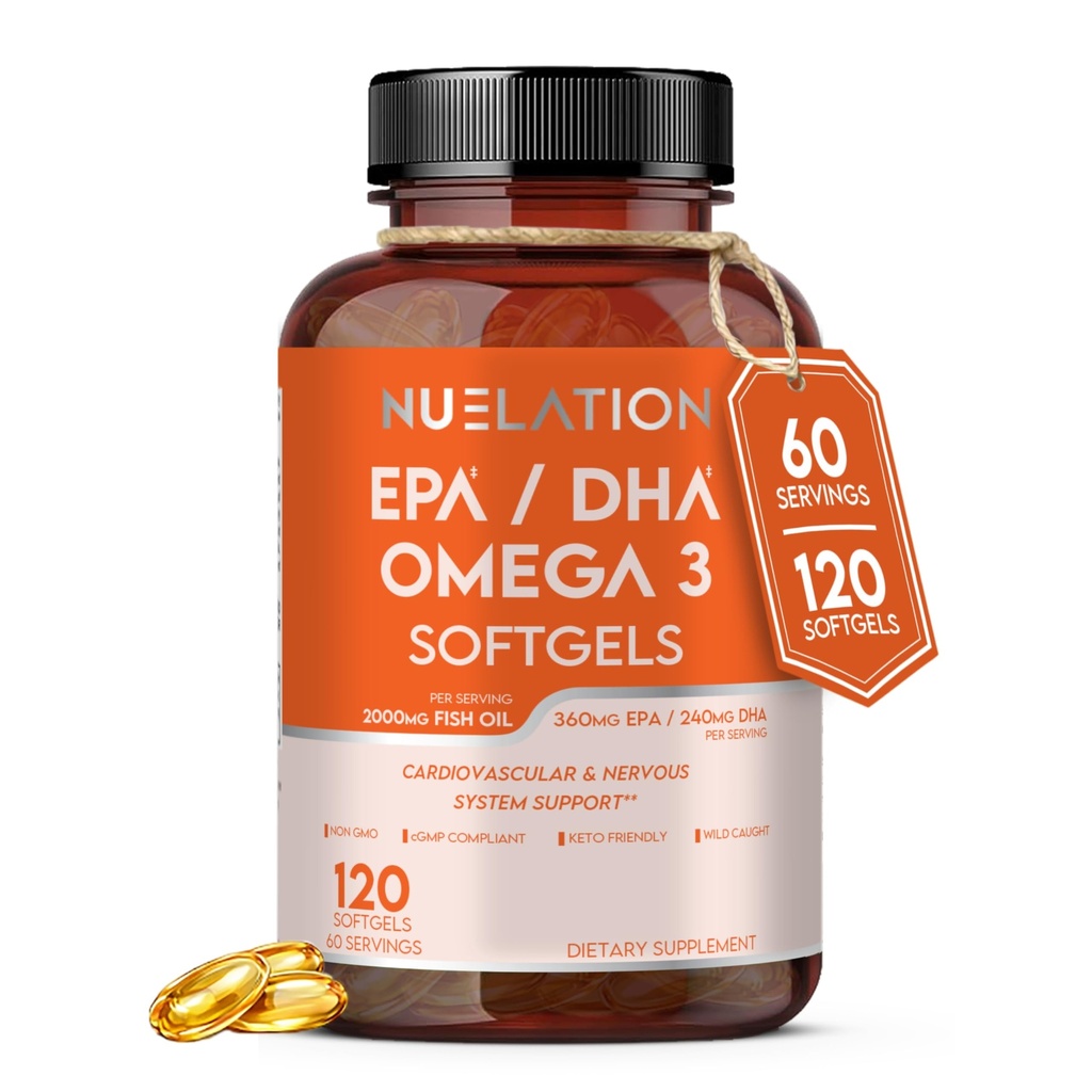 Omega 3 Fish Oil 2000mg. Fish Oil Omega 3 Integratori per sostenere la salute del cuore, le funzioni cerebrali e il sistema cardiovascolare - Non-OGM, senza glutine & Keto-Friendly - 60 Serve, 120 Softgels