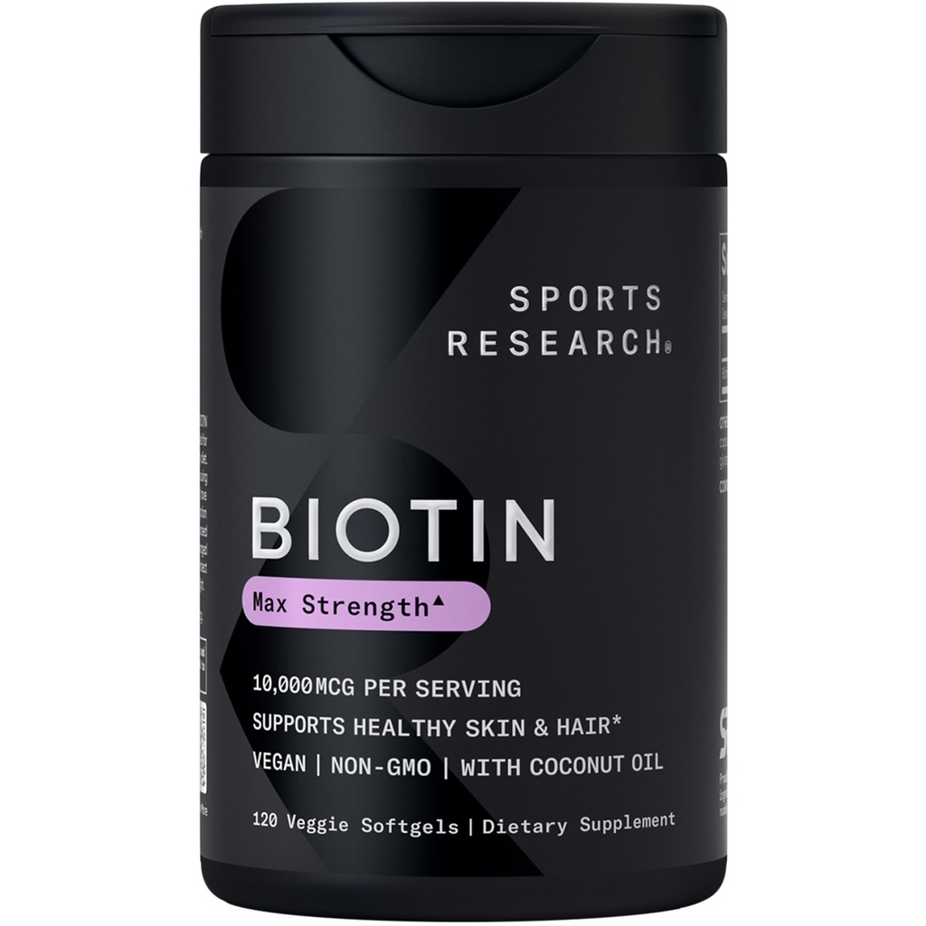 Sport Research® Biotin 10.000mcg con olio di cocco biologico - Biotina (Vitamina B7) per la pelle sana e il supporto dei capelli* - per le donne e gli uomini - Vegan, Non OGM, Gluten & Soy-Free - 120 Veggie Softgels