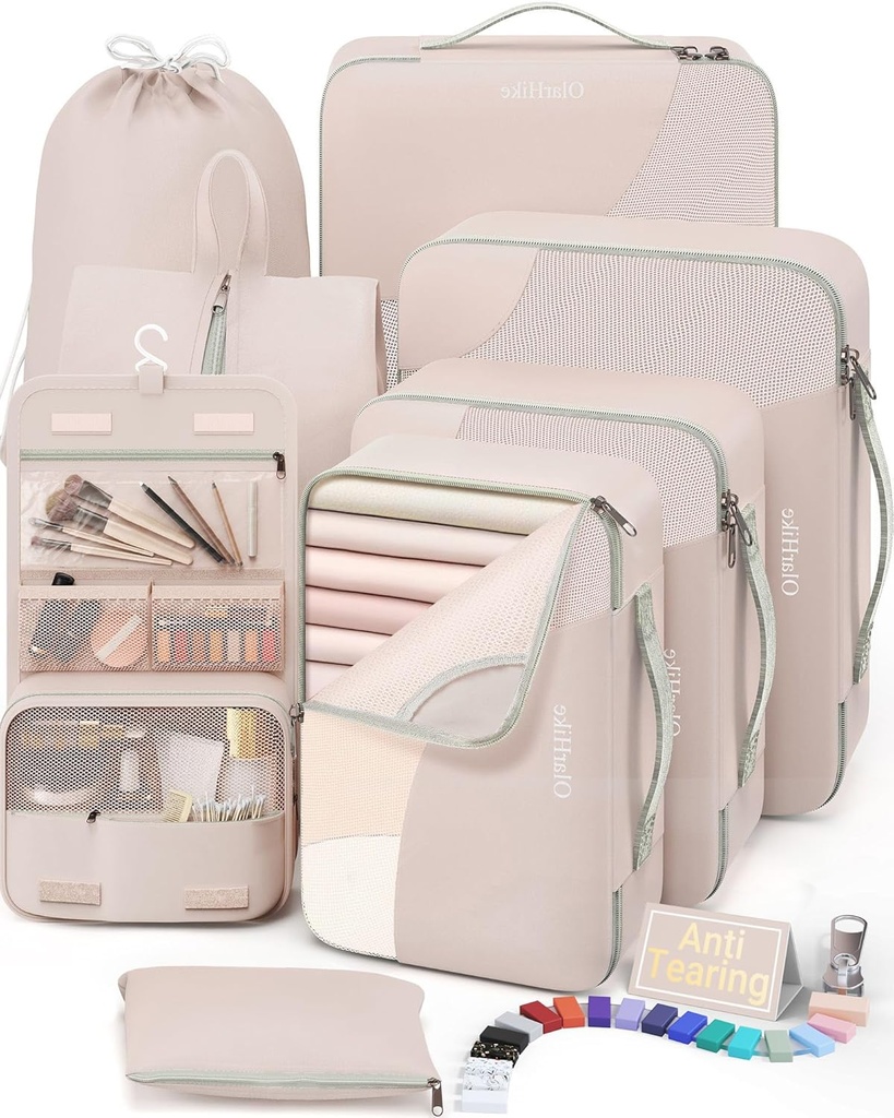 10 Set/8 Set Cubi da imballaggio per il viaggio, Regali per le donne mamma,Anti-Tearing Suitcase Organizer per il bagaglio con Shoe & Hanging Toiletry Bag,OlarHike vacanze Essentials & Accessori per la nave da crociera,Cream