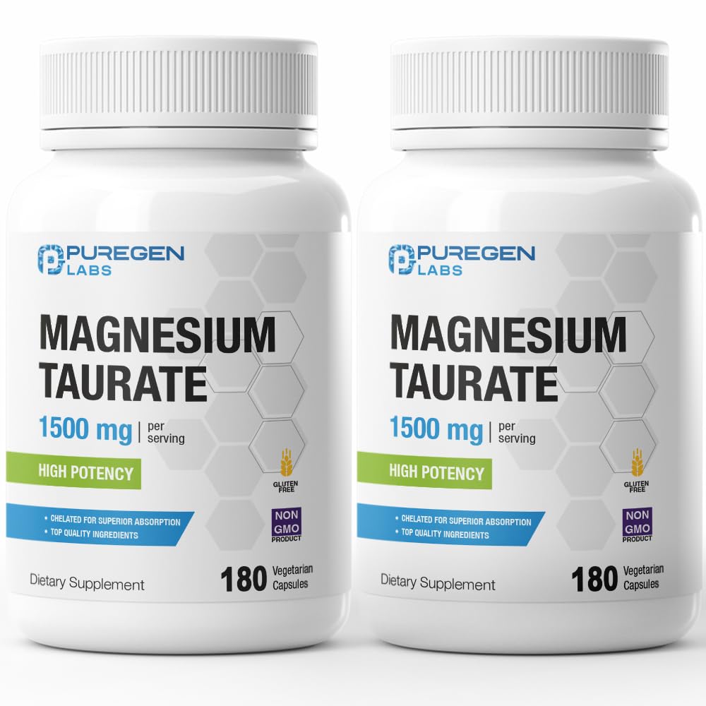 Puregen Labs Magnesium Taurate 1500mg per Serving [High Potency] Total 360 Veggie Caps, Chelated for Superior Absorption, Non-OGM, NO Gluten and Dairy | Made in USA