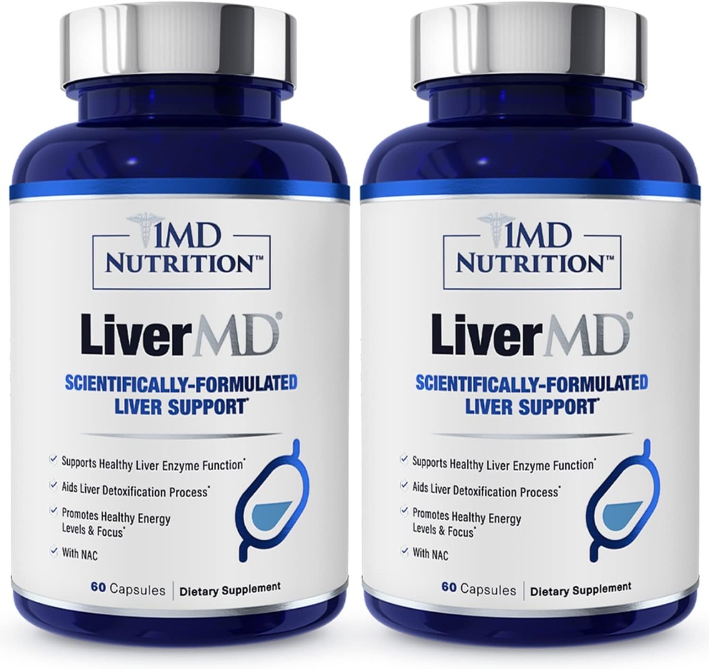 1MD LiverMD - Integratore di supporto del fegato | Estratto di cardo del latte di Siliphos - altamente biodisponibile, per il supporto del fegato | 60 capsule (2-Pack)