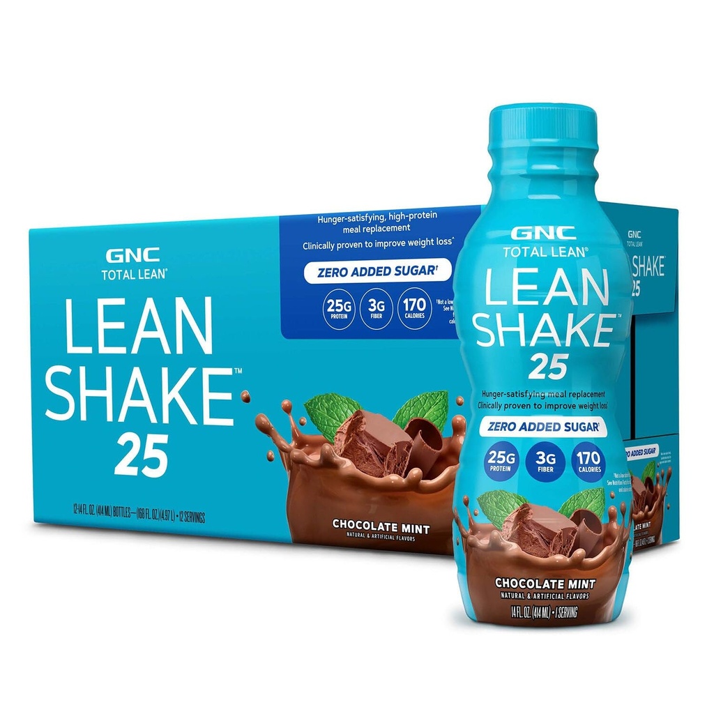 GNC Lean Shake 25 Protein Shake, Clinically Proven Weight Management, Meal Sostituzione, 25g Protein con Zero Aggiunto Zucchero, Pronti a Bere, Menta al cioccolato, Confezione da 12