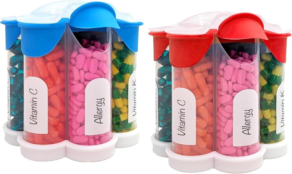 Extra Large Pill Organizer Daily, Weekly, Mensile Supplemento Bottiglia, Grazioso Blossom Pill Dispenser con 7 XL Confronti (2 Pack Combo) (Luce Blu e Rosso)