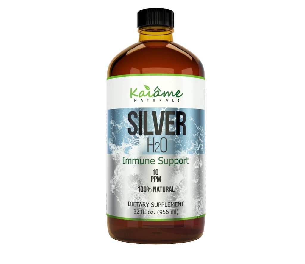 Kaiame Naturals Colloidal Silver, Ionic Silver Solution, 10 PPM, Grande bottiglia di vetro da 32 oz, Integratore naturale di supporto immunitario, Sicuro per adulti, bambini e animali
