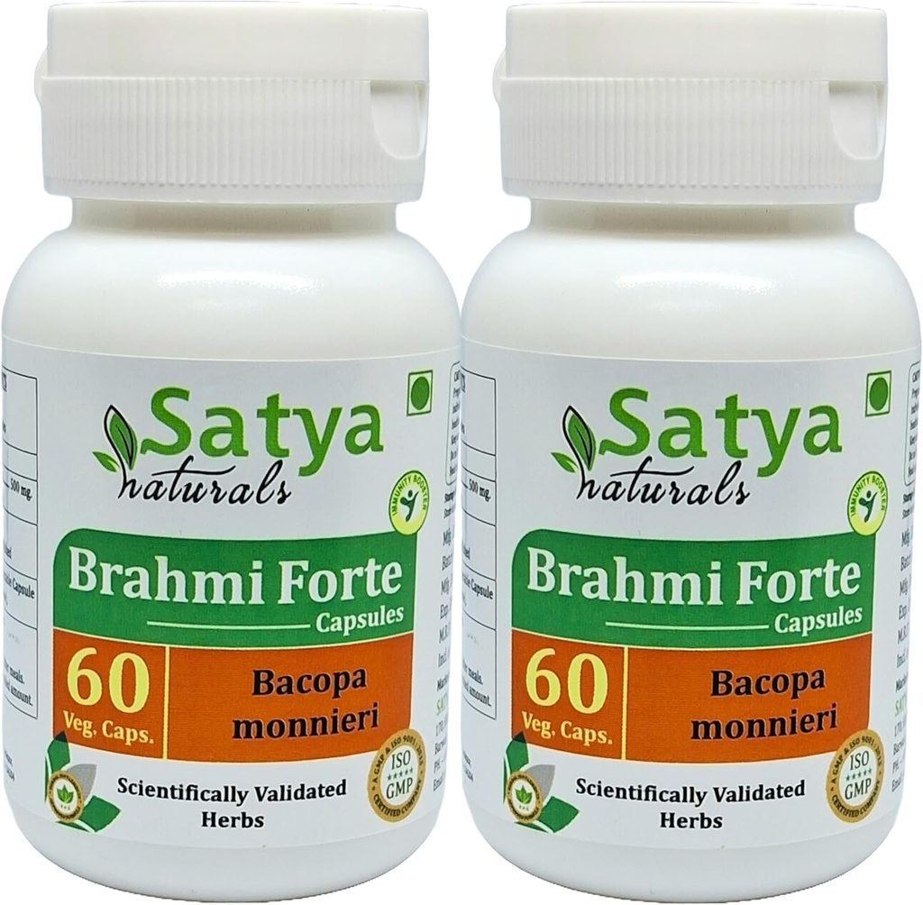 Capsule Brahmi Forte 500 mg. 60 Veg. Capsule | Brahmi (Bacopa Monnieri) Estratto di capsule per uomini e donne | Ayurvedic Herbal Supplement/Rimedies | 10:1 Forte (2 Bottiglie di 60 capsule)