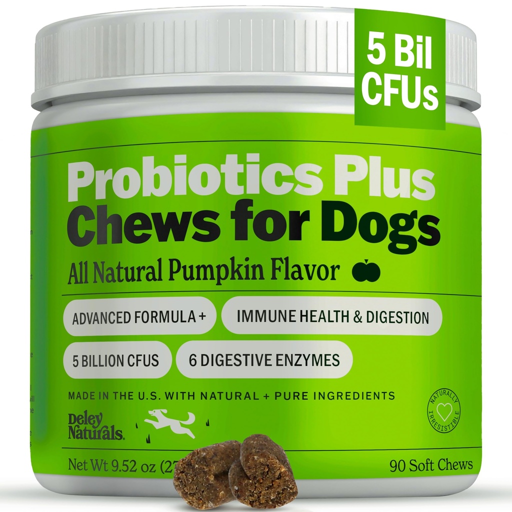 Deley Naturals Probiotics Plus Chews for Dogs, Gut Health Supplement, 5 miliardi di CFU, Enzimi digestivi, Prebiotici, Dog Allergies, Diarrea, Lieto, Pumpkin Flavor, 90 Conte - Made in the USA