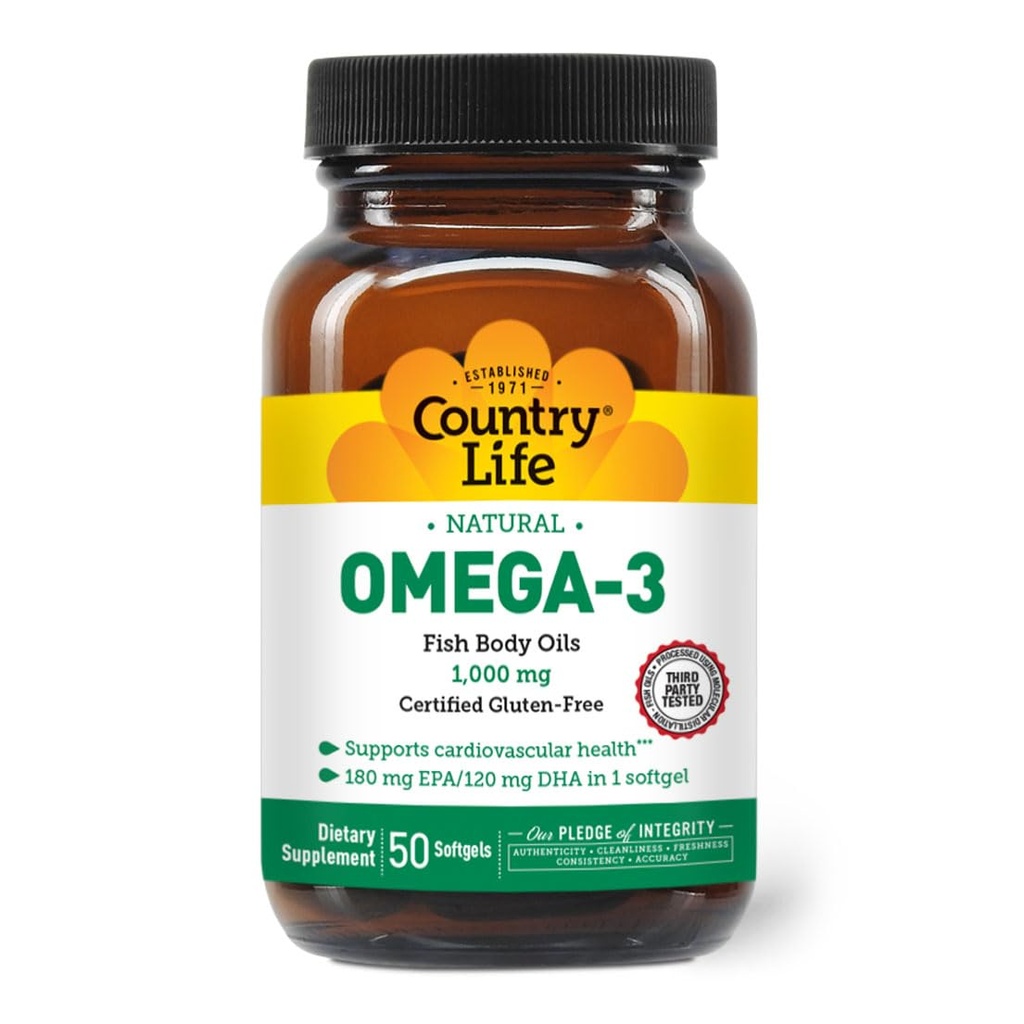 Country Life Omega-3 Fish Oil Supplement, 10000mg,180mg EPA & 120mg DHA, Fish Oil Concentrate, Burpless, 50 Softgels, Certificato Gluten Free