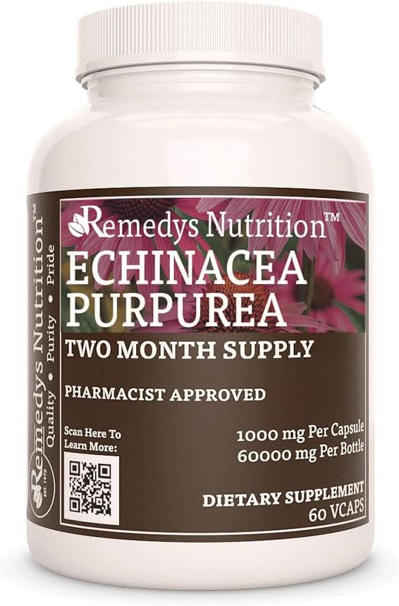 Alimentazione di Remedy Echinacea | 1.000 mg, 60 capsule vegane Integratore alimentare di erbe | Fornitura di due mesi