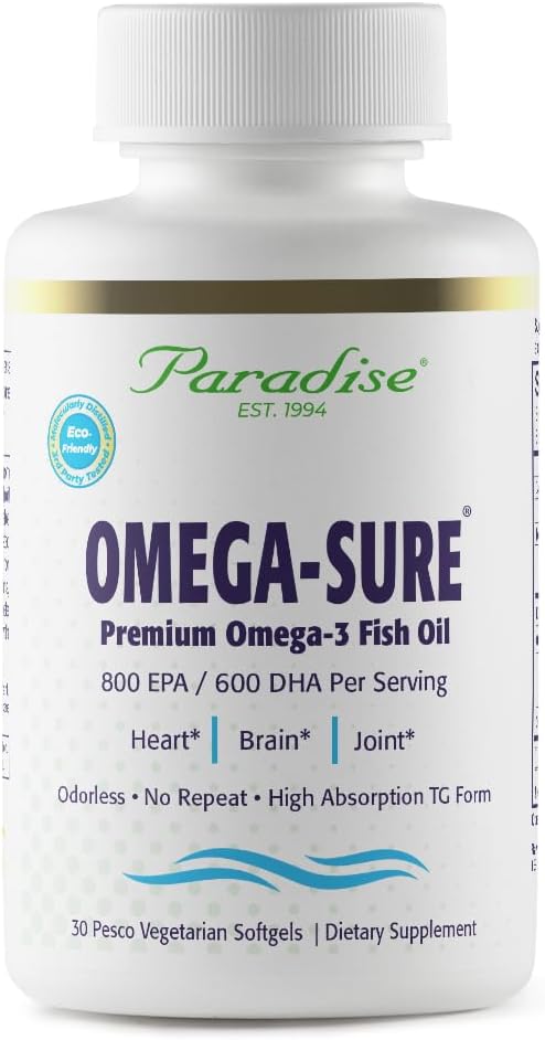 Paradise Herbs Omega-Sure, Omega-3 Concentrate, Olio di pesce Premium, DHA, EPA, Vegan, Non OGM, Gluten Free, 30 Count Vegetarian Softgels