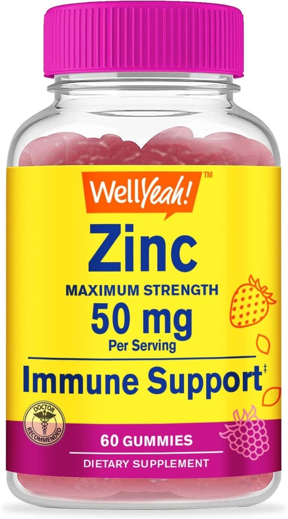 WellYes Zinc Gummies 50 mg - Supporta la funzione immunitaria sana e la salute antiossidante - Natural Berry Flavor - Gluten-Free, GMO-Free - Chewable Gummy Integratore alimentare - 60 Gummies