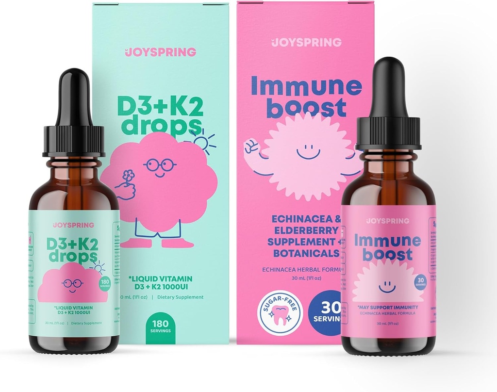 JoySpring gocce immunitarie & vitamina D Bundle | Vitamine per bambini naturalmente Fonte, Non OGM, Formula liquida non alcolica, Supporto per la salute | Integratori vegani e vegetariani