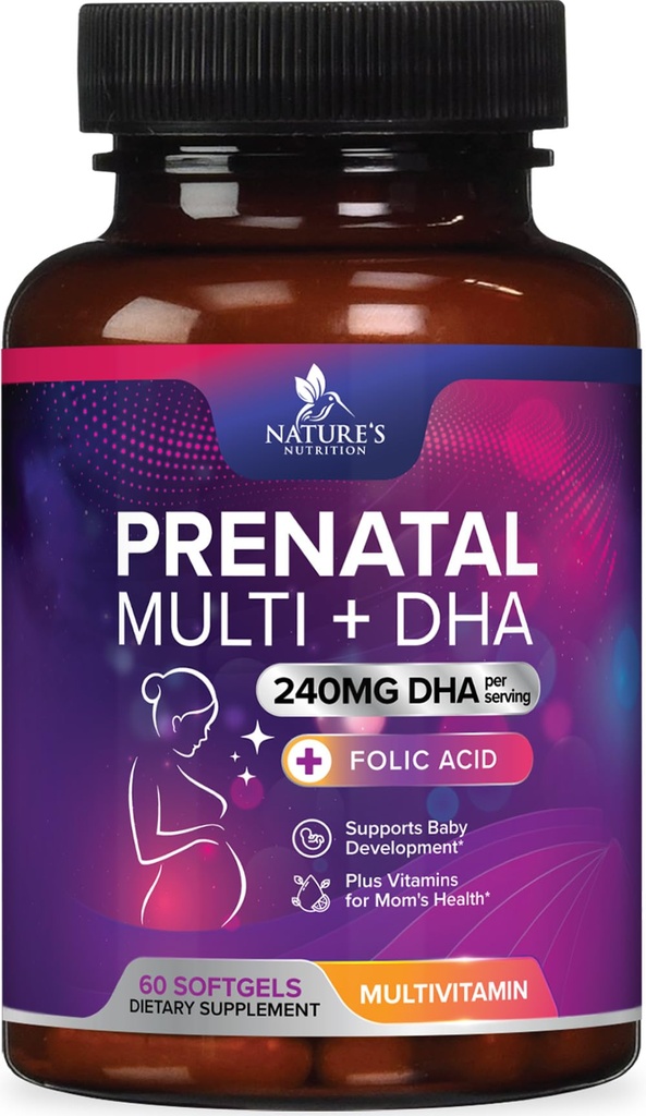 Vitamine Prenatali con Acido Folico & DHA, Supporto per lo sviluppo del cervello fetale con Folate & Omega 3's, Multivitamina Prenatale per le donne, Vitamina A, C, D, B6, B12 & Iron, Integratore di gravidanza - 60 Softgels