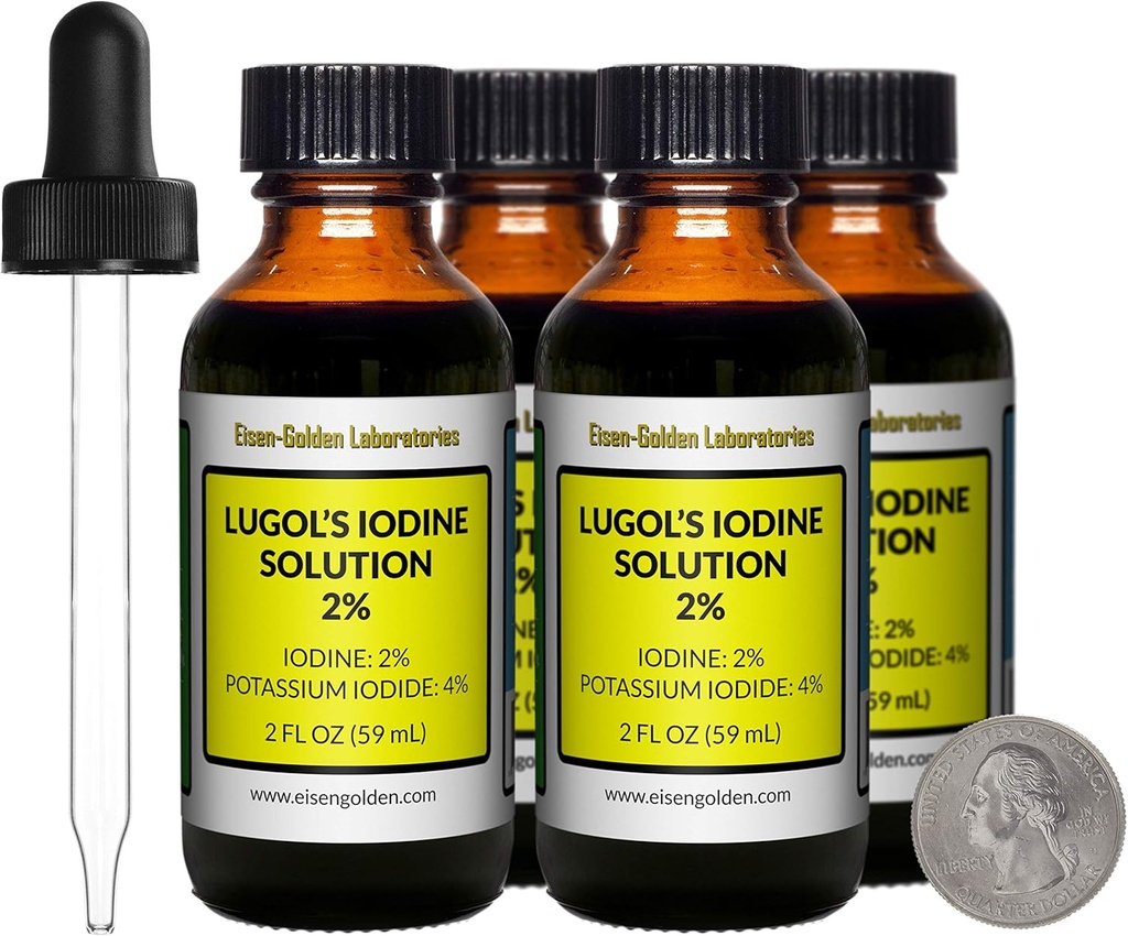Iodio di Lugol / 2% Soluzione / 8 Oz in Quattro Bottiglie di vetro di ambra / Gocce libere / USA