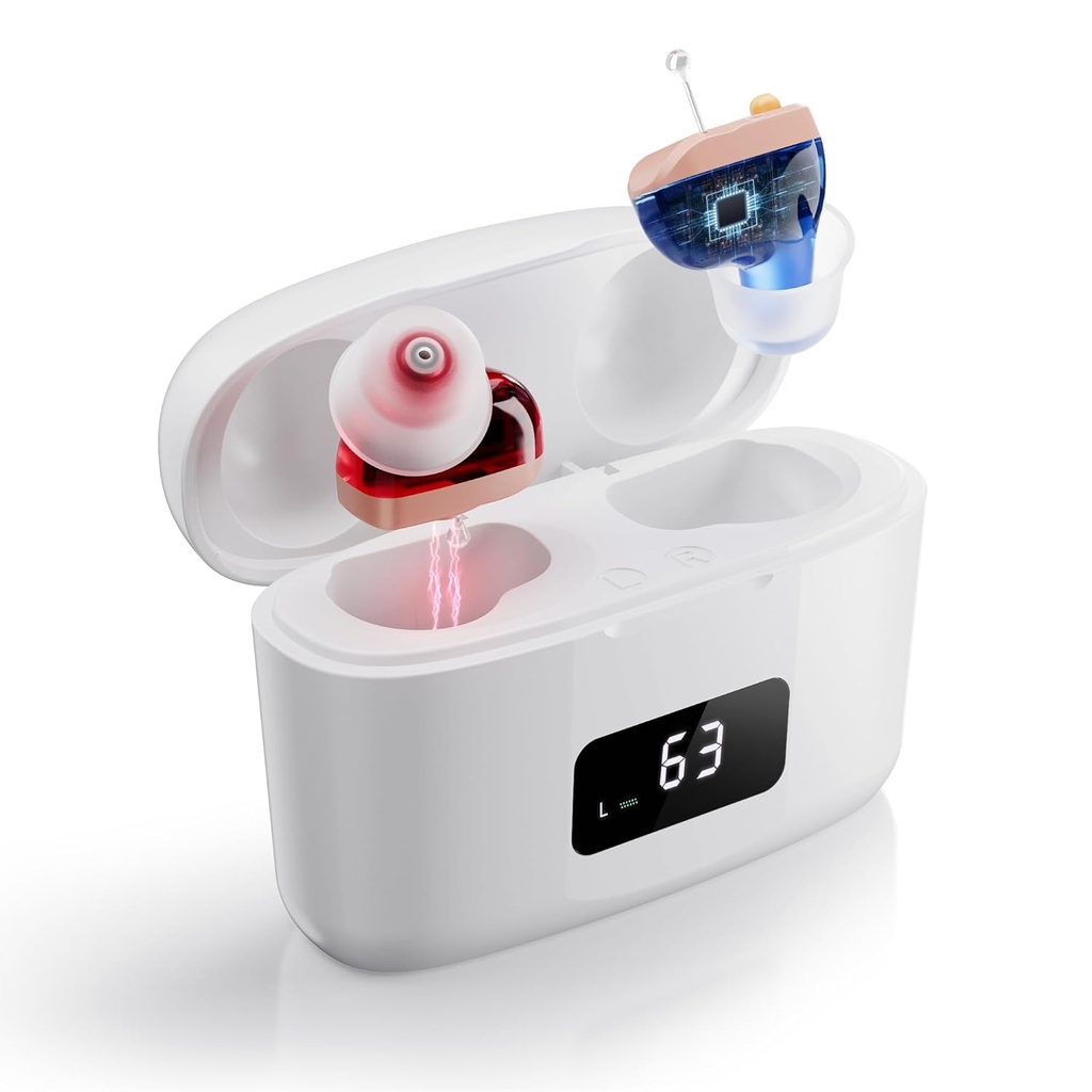 Apparecchi acustici ricaricabili per gli anziani con la cancellazione del feedback e riduzione del rumore, Amplificatore acustico CIC invisibile, Comodo per tutto il giorno, 26dB Gain, 3 modalità con display a LED
