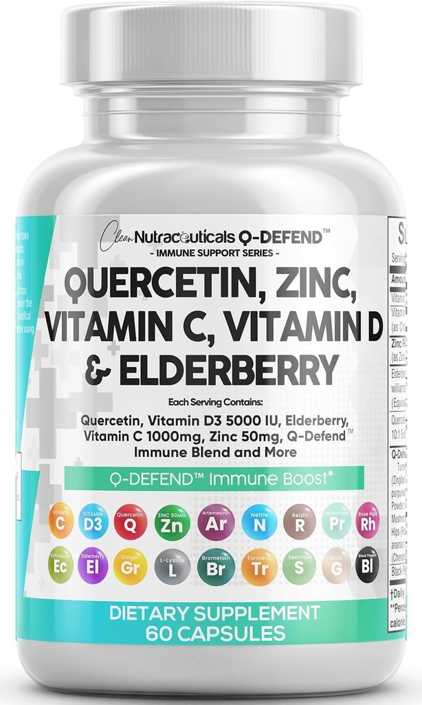 Q Difendi il supplemento di quercetina con vitamina C di zinco vitamina D Elderberry Turmeric Pepe Nero Aglio di Pepe Ginger Sea Moss Lysine Sting Nettle Reishi Mushroom Immune Support 60 capsule da Nutra Pulito