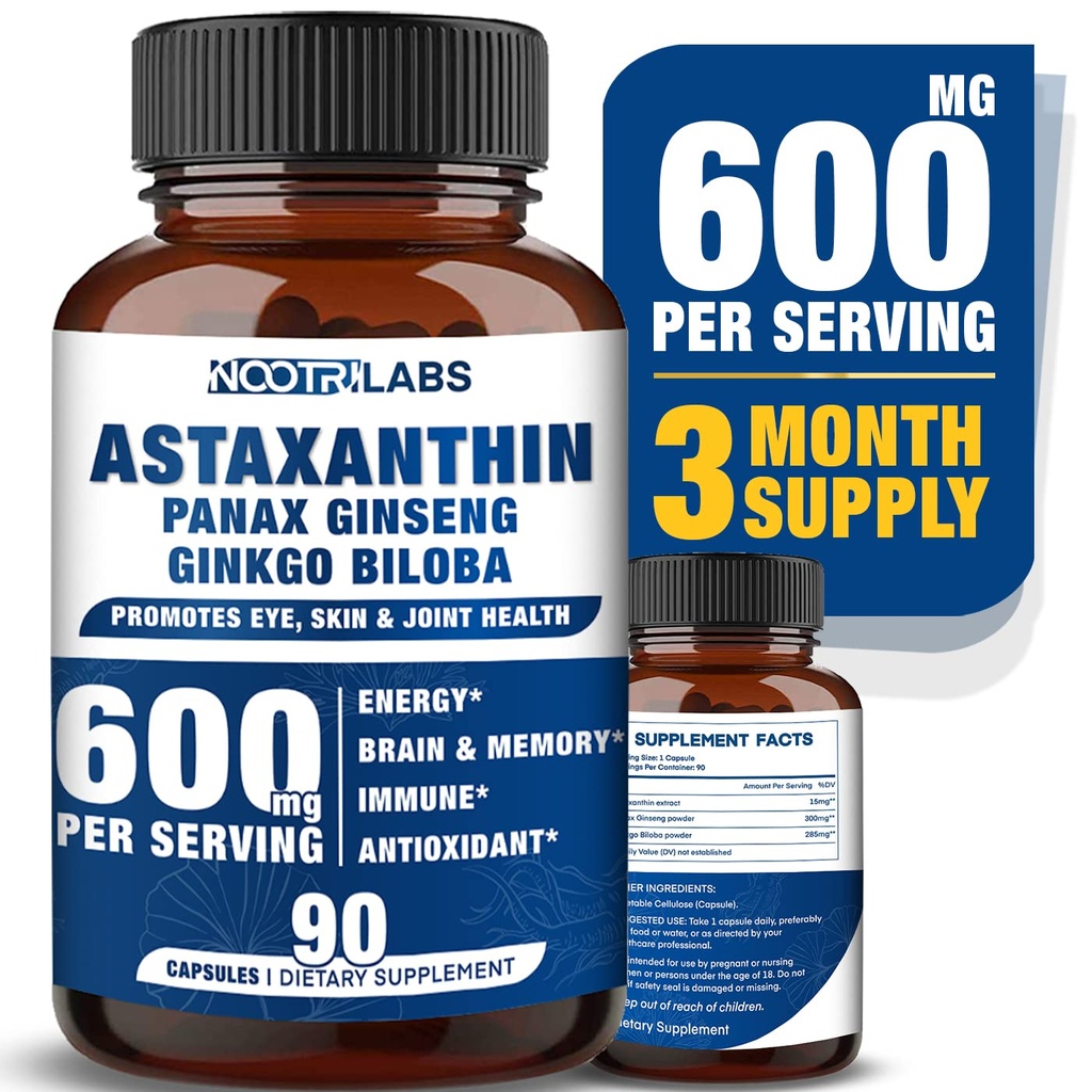 Astaxanthin 15mg + Panax Ginseng, Ginkgo Biloba Supplementi, 90 Vegan Capsule, promuove Eye Health Energy, supporto cardiovascolare + difesa immunitaria e messa a fuoco