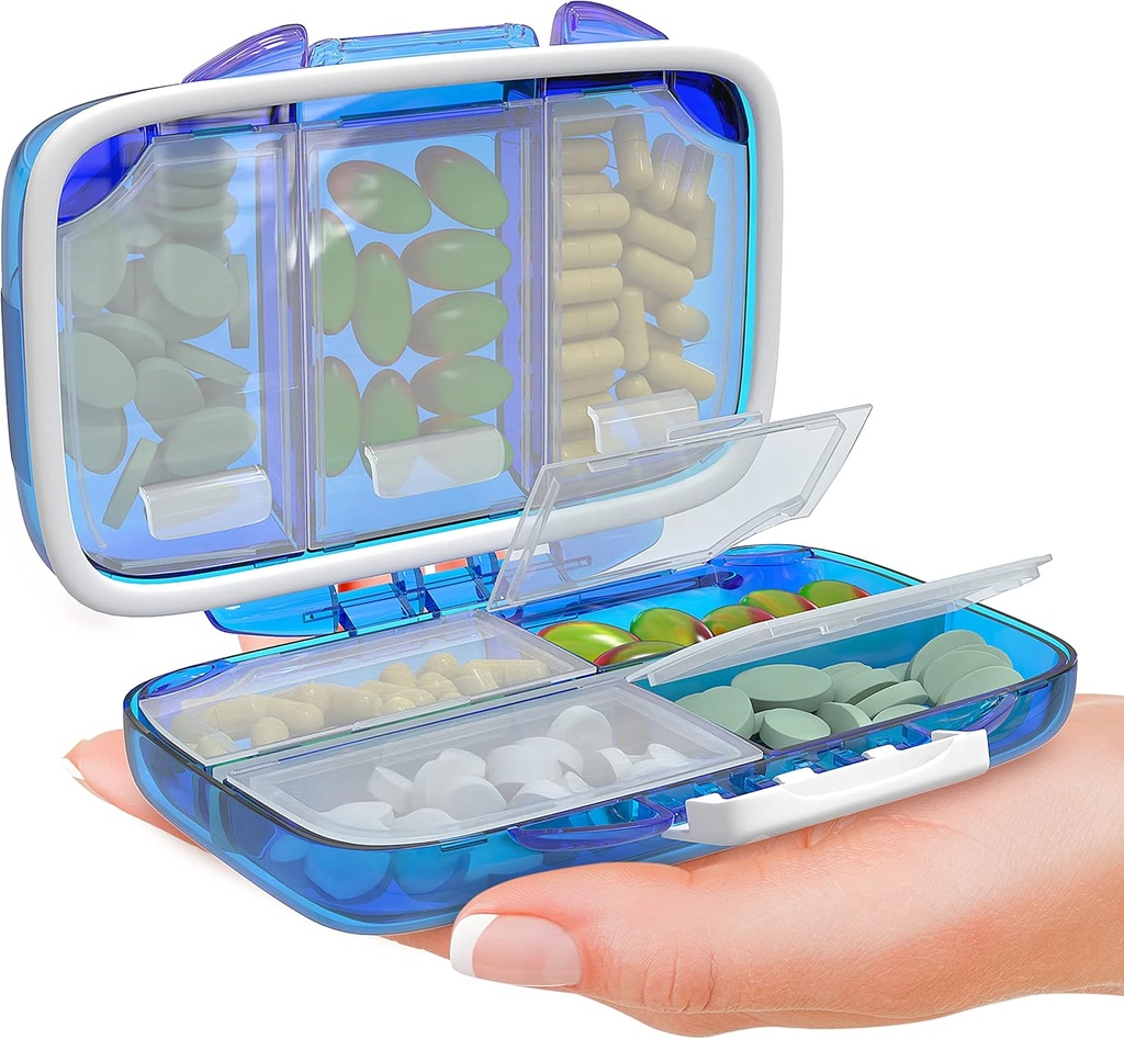 Organizzatore di pillole di viaggio - Moisture Proof Portable Vitamin Holder con 7 scomparti, Compatto caso di supplemento per il Purse Essential Medicine Kit fot viaggio Pocket Pharmacy con etichette, Blu