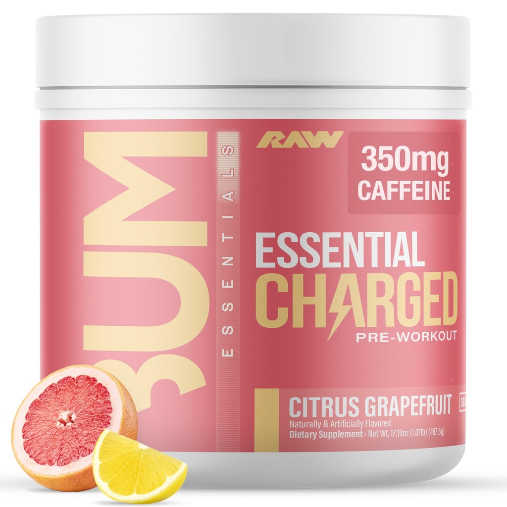 Polvere pre-allenamento RAW, Essential CHARGED (Citrus Grapefruit) - Supplemento pre-allenamento per gli uomini, le donne - Supporta Focus, Mood, Performance - Caffeina, Alpha-GPC, L-Citrulline, Beta Alanine (25 Servings)
