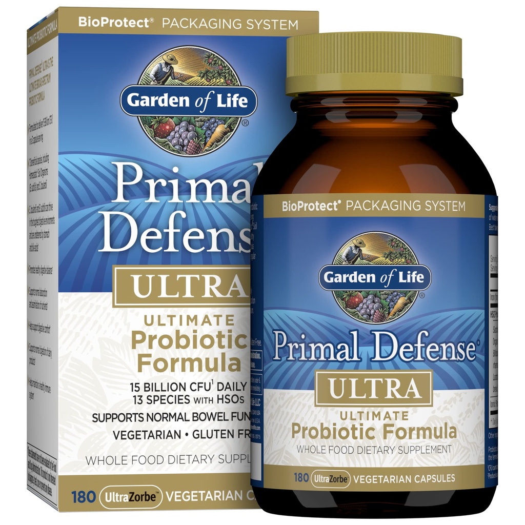 Probiotici del giardino della vita per la salute digestiva e l'equilibrio della salute del fegato, Formula Ultra Ultimate della difesa primaria, 15 miliardi di CFU e 13 Strains Plus HSOs, Vegetariano e Gluten Free, 180 capsule