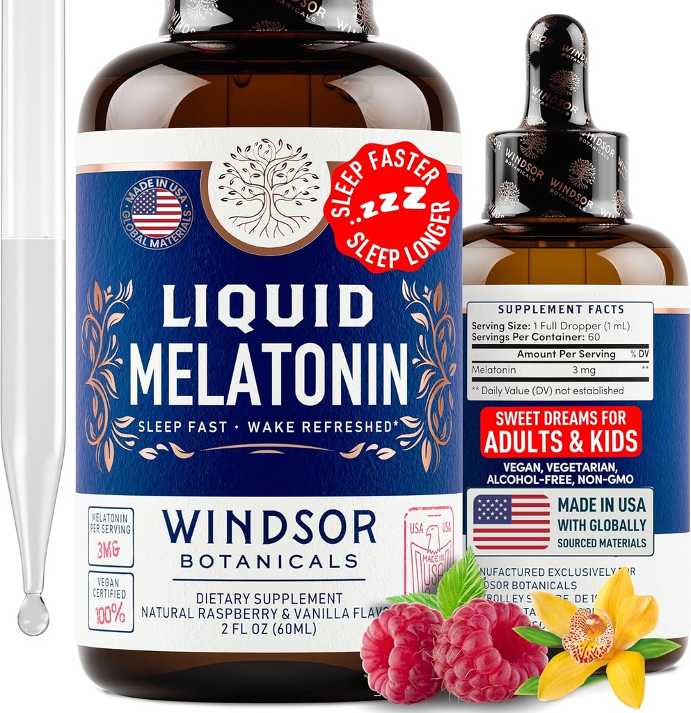 Melatonina liquida per adulti e bambini 6 anni su - 3mg Melatonin gocce di sonno liquido ad alta resistenza - Assorbimento rapido, Lampone Vanilla Flavor Melatonina - 2oz, 2-Month di alimentazione, Made in USA