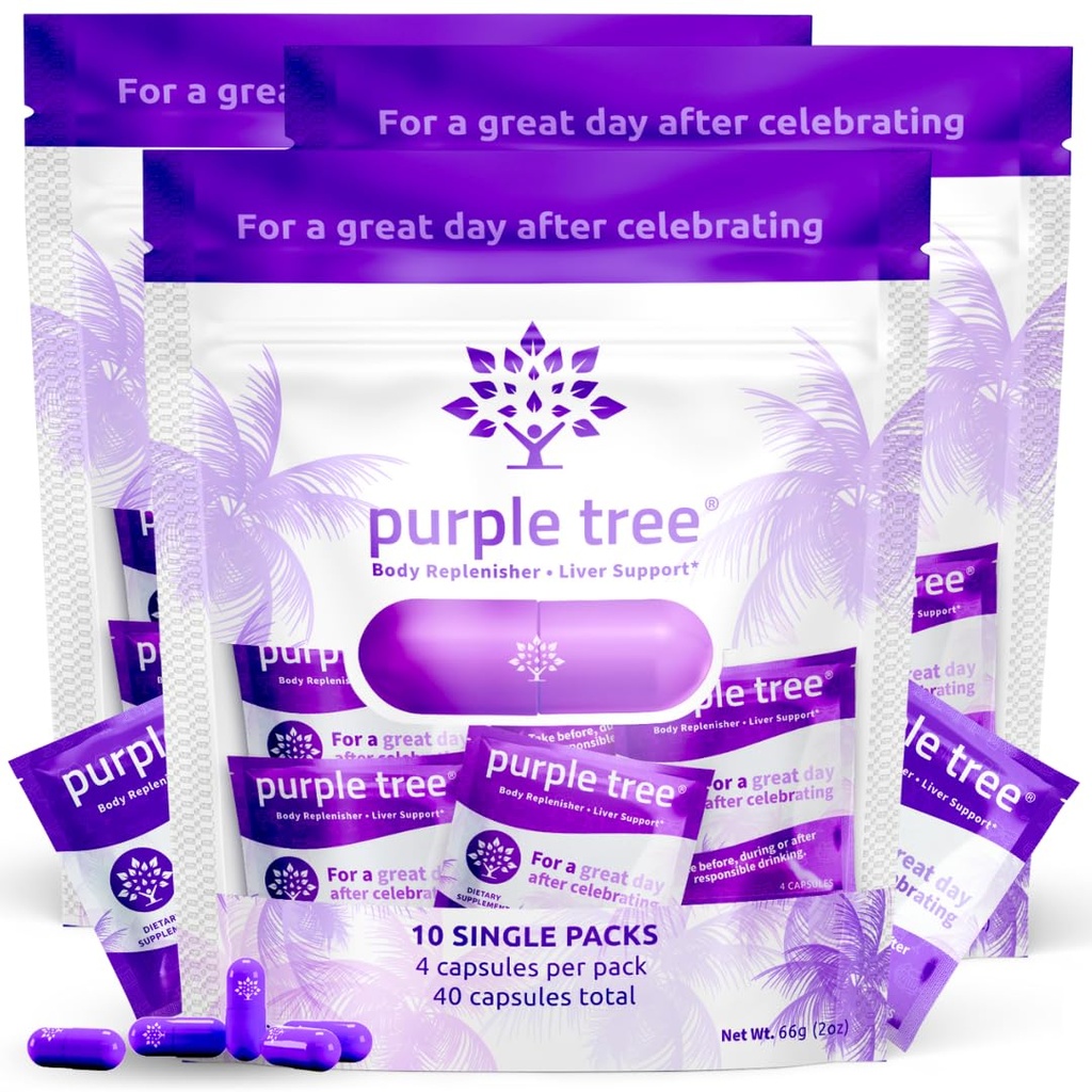 Purple Tree Post-Celebration Wellness | Supporto per il fegato, Hydration & Replenisher | Dihydromyricetin DHM, Latte Thistle, Electrolytes, Vitamine | Bachelorette & Bachelor Party Kits, 30 Packets (120 pillole)
