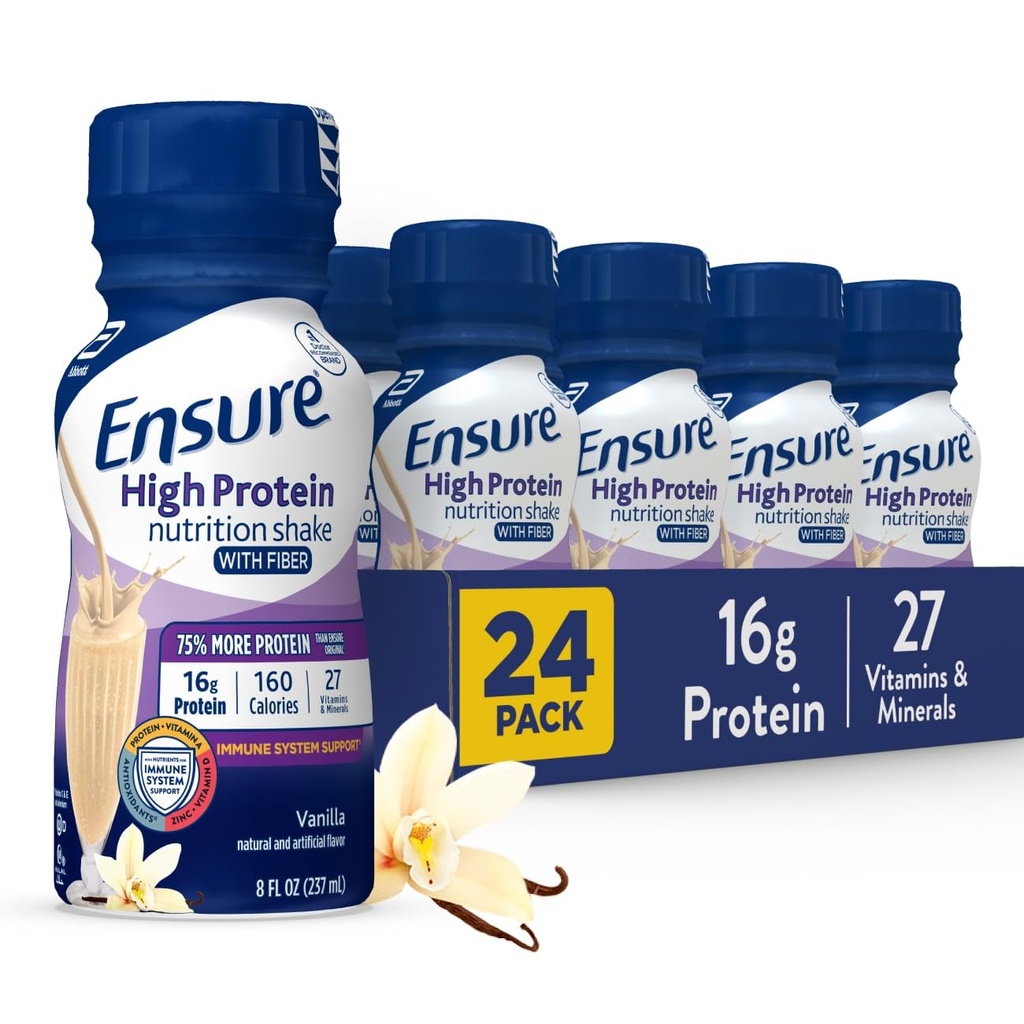 Assicurare l'alta proteina in bottiglia Vanilla Nutrition Shake con fibra, pronto a bere, 16g Protein e 27 vitamine e minerali, 8 fl oz, 24 Pack