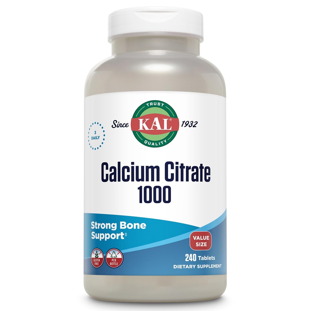 Citrato di calcio KAL 1000mg, integratori di calcio per le donne e gli uomini, salute di ossa, denti, nervoso, supporto di sistema muscolare e cardiovascolare, Gluten Free e Lab verificato, 80 Serve, 240 compresse