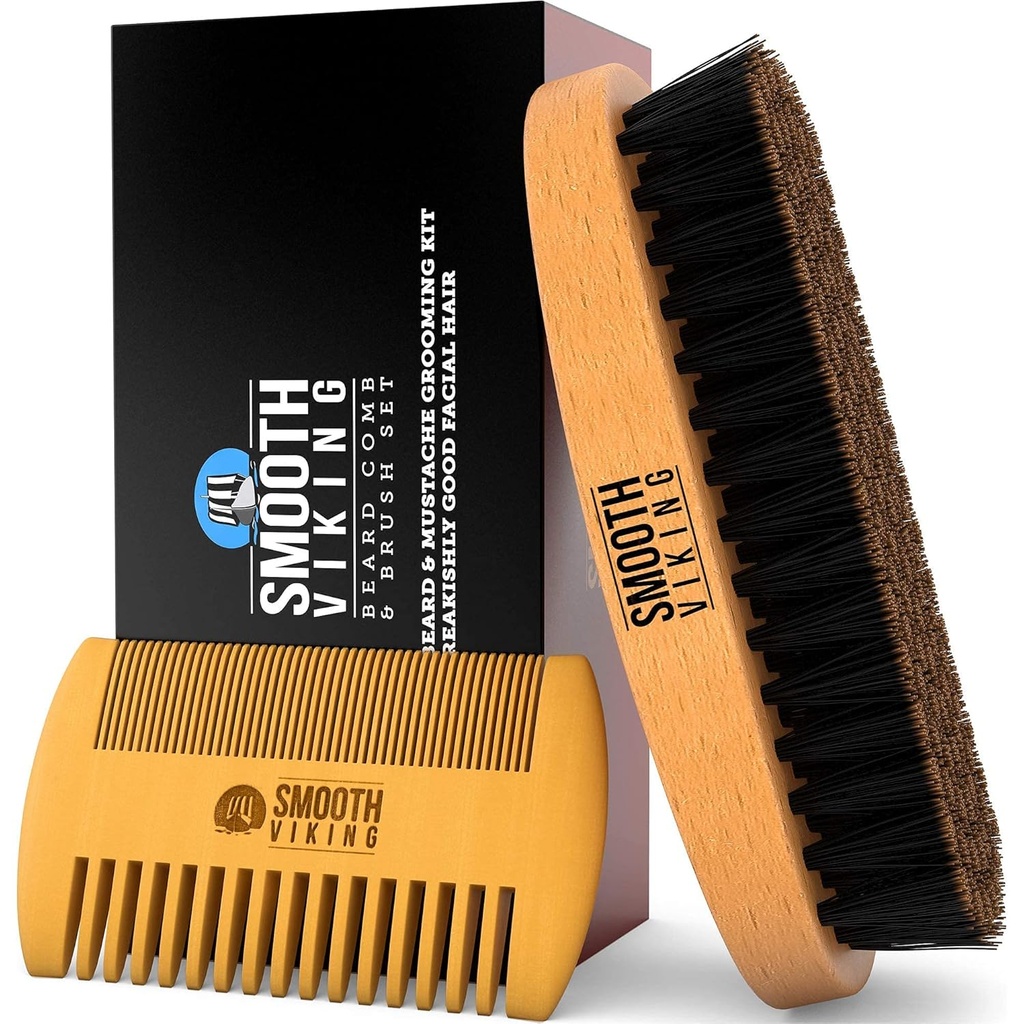 Cuscinetto spazzola e Pettine - Natural Boar Bristle Beard Brush & Beard Comb per gli uomini - Facial Hair Care Gift Set per gli uomini - Mustache Styling, Grooming & Shaping Tools