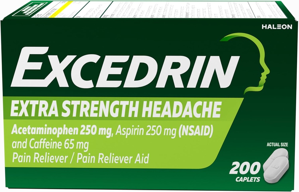 Capelli di sollievo extra di dolore di Excedrin per sollievo di mal di testa, Acetaminophen 250mg, Aspirina 250mg, Caffeina 65mg, Rilievo di dolore, 200 Conte