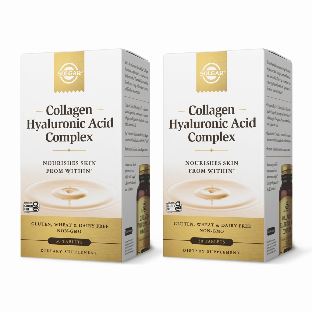 SOLGAR Collagen Hyaluronic Acid Complex - 30 compresse, Confezione da 2 - Non OGM, Gluten Free, Dairy Free - 60 Total Servings