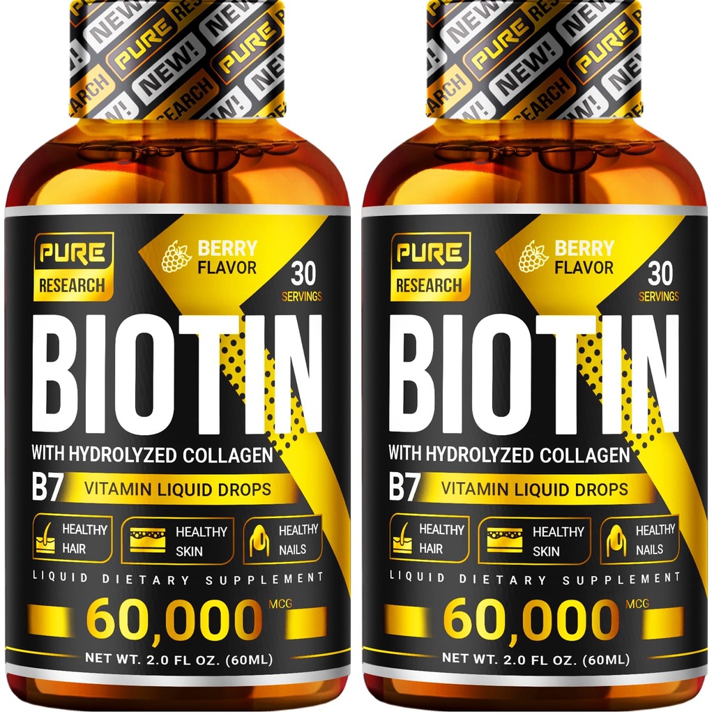 PURE RESEARCH Biotin & Collagen 60.000mcg Riduzioni liquide della crescita dei capelli, Supporti: Unghie forti, Pelle luminosa, Crescita dei capelli sani, Più assorbimento che capsule &amp; pillole (4Fl Oz)