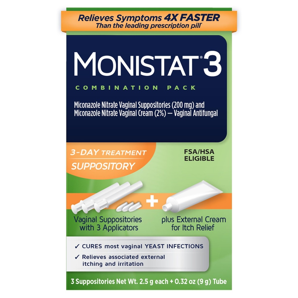 Monistat 3 giorni trattamento di infezione del lievito per le donne, 3 Miconazole Vaginal Suppositories & crema di sollievo dell'itch esterna (9g tubo) Combo Pack