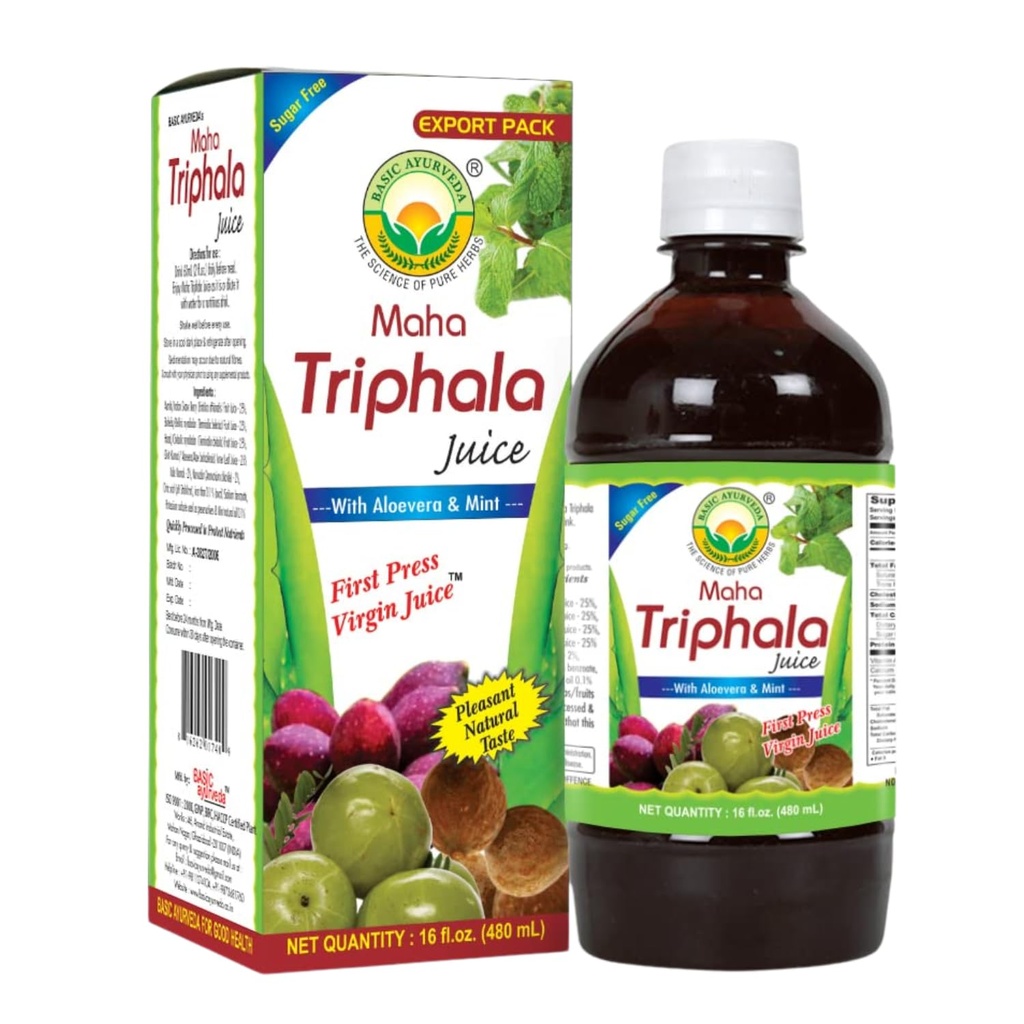 Succo di base Ayurveda Maha Triphala con Aloe Vera & Mint – 16 Fl Oz (480ml) | Bevanda naturale | Succo di prima stampa vergine | No Aggiunto Zucchero | Grande per uso quotidiano & pulizia