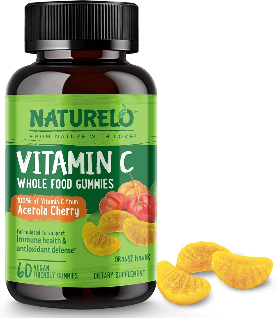NATURELO Whole Food Vitamin C Gummies, Vitamina C di Acerola Cherry, Integratore a base vegetale, 60 Vegan-Friendly Gummies