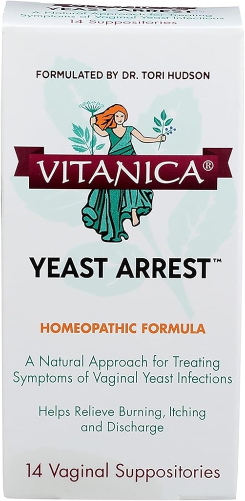 Vitanica Arresto di lievito, Suppositori vaginali omeopatici, per sintomi di infezione da lievito, Allevia la combustione, prurito e scarico, con acido borico, olio di albero di tè e probiotici, Vegan (arresto di lievito, 14)