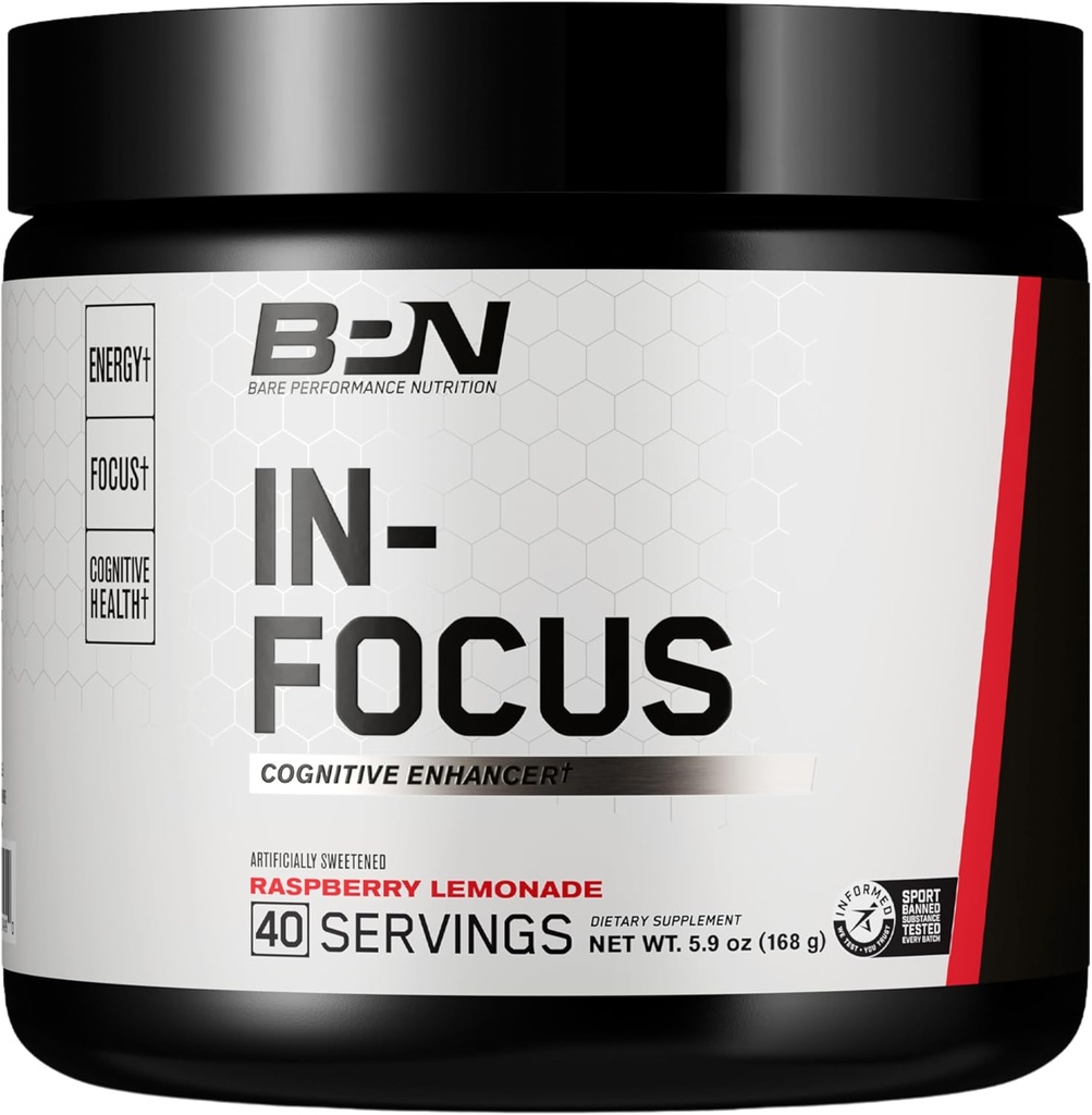 BARE PERFORMANCE NUTRITION, BPN in-Focus Brain Support Supplement, Migliorare Focus & Energy, Alpha GPC, Raspberry Lemonade, 40 Serve
