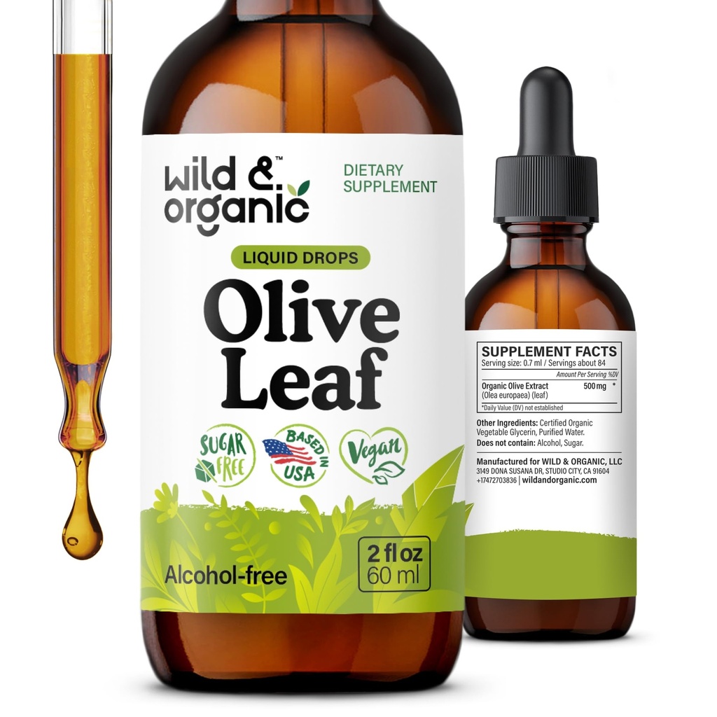 Gocce liquide di estratto di foglie di oliva selvatico e organico - Antiossidante e supporto immunitario - Oleuropein Olive Leaf Supplement - Vegan, Sugar & Alcohol-Free Drops - 2 fl oz