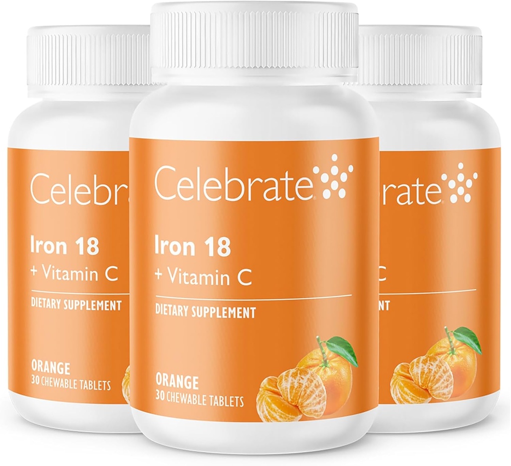 Celebrare Vitamine Ferro Supplemento con Vitamina C - Ferro da stiro 18mg, Vitamina C 36mg, Vitamine baratiche per i pazienti WLS, Manica Verticale & Gastric Bypass Chirurgia – Tangerina, 90 compresse masticabili