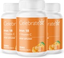 Celebrare Vitamine Ferro Supplemento con Vitamina C - Ferro da stiro 18mg, Vitamina C 36mg, Vitamine baratiche per i pazienti WLS, Manica Verticale & Gastric Bypass Chirurgia – Tangerina, 90 compresse masticabili