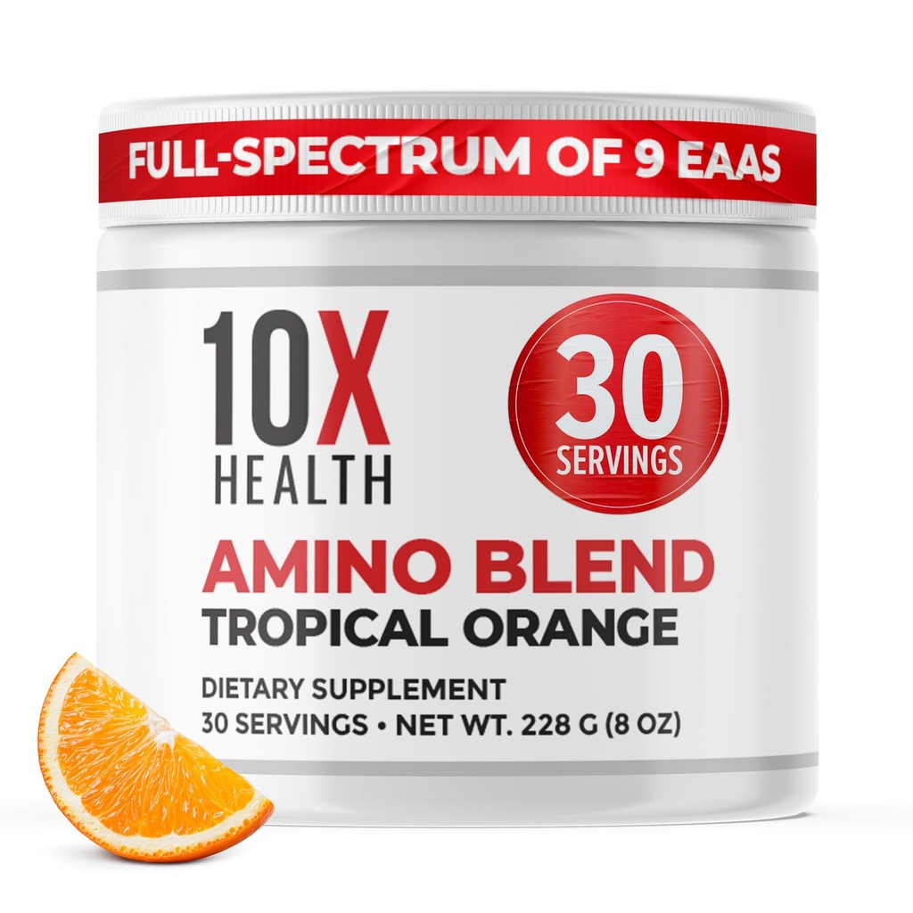 Aminoacidi di salute 10X - 30 Serve di polvere di EAA & BCAA, pre allenamento BCAA con supplemento di aminoacidi essenziali - BCAAs & EAA per longevità, supporto muscolare, resistenza, energia - arancio tropicale