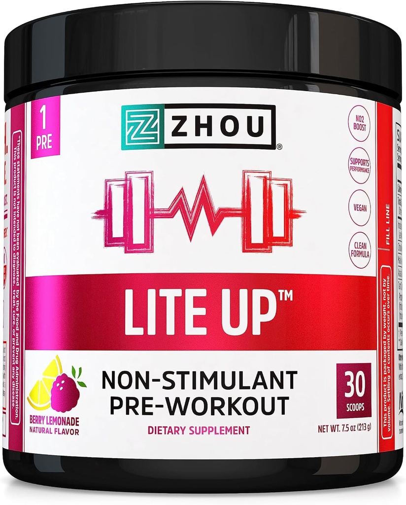 Zhou Lite Up - Polvere non Stim, Nitric Oxide Stim Supplemento gratuito per gli uomini e le donne, Caffeina Free Boost, Formula pulita - Berry Lemonade Flavor, 7.5 oz Jar (30 Scoops)