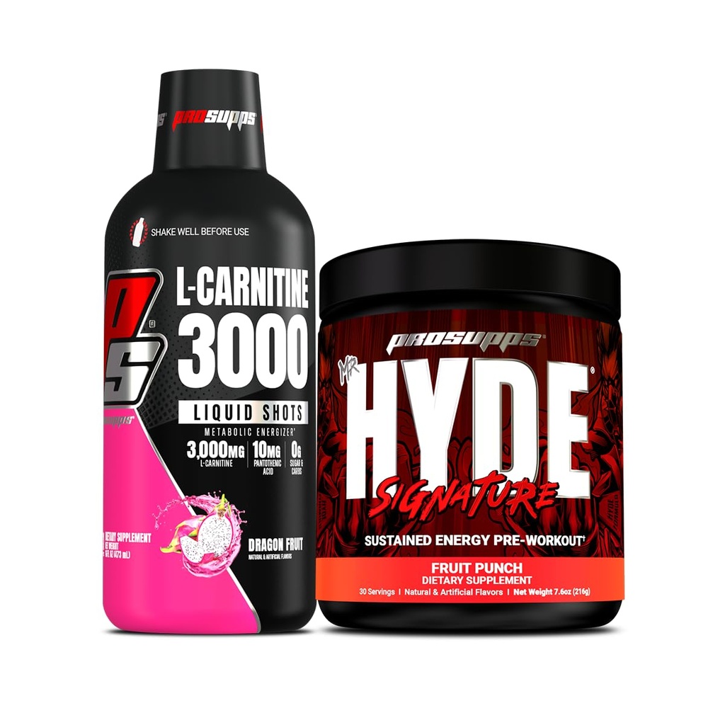 PROSUPPS L-carnitina 3000 Stimolant Free Liquid Shots (Dragon Fruit) e Mr. Hyde Signature Series Pre-allenamento Energy Powdered Drink (Fruit Punch) Bundle