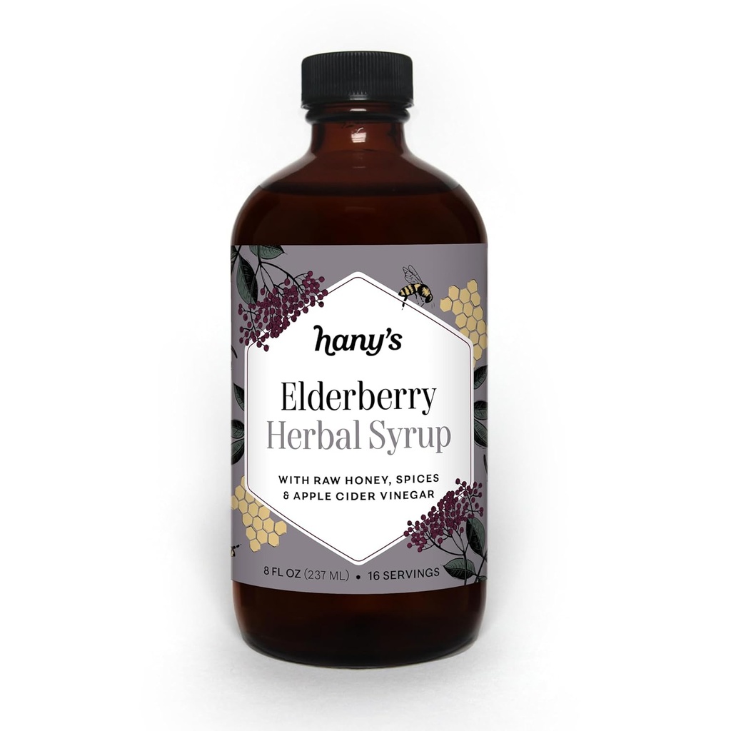 Hany's Harvest Elderberry Herbal Syrup – 8 fl oz | All-Natural Wellness Tonic, Aceto di sidro di mele, Miele crudo & Elderberry | Non-GMO, Senza glutine, Artigianato