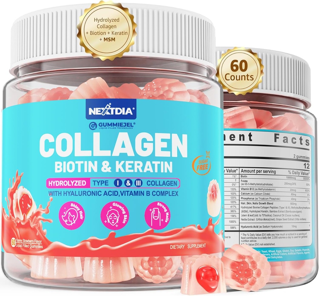 Multi collagene riempito Gummies per le donne Zucchero Biotina libera 10000mcg, Multivitaminico Capelli e Vitamine per la crescita dei capelli, con acido ialuronico di peptide di collagene idrolizzato MSM vitamina B