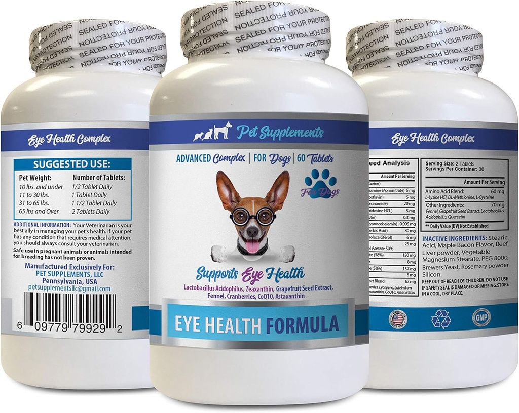 Dogs Eye Vitamins - Dogs Eye Health Formula - Advanced Eye Support Complex - VETS Consigliato - Dog Lutein - 1 Bottiglia (60 compresse)