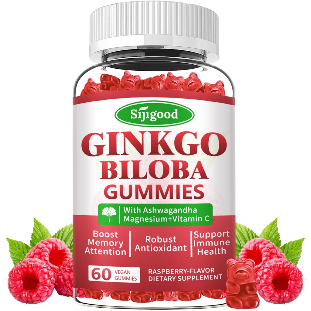 Ginkgo Biloba Gummies con Panax Ginseng e Magnesio, Ginkgo Biloba Integratori per Focus, Memoria e Salute del cervello per adulti e bambini, Vegan Raspberry Gummies, 60 Conte