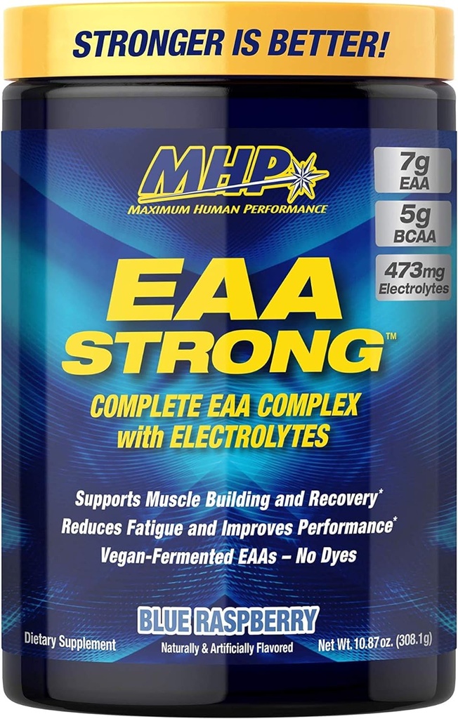 Massima prestazione umana Mhp Eaa Strong, Integratori di amminoacidi, Tutti 9 Aminoacidi essenziali, Bcaas, Elettroliti, Blue Raspberry, 1,2 Pound